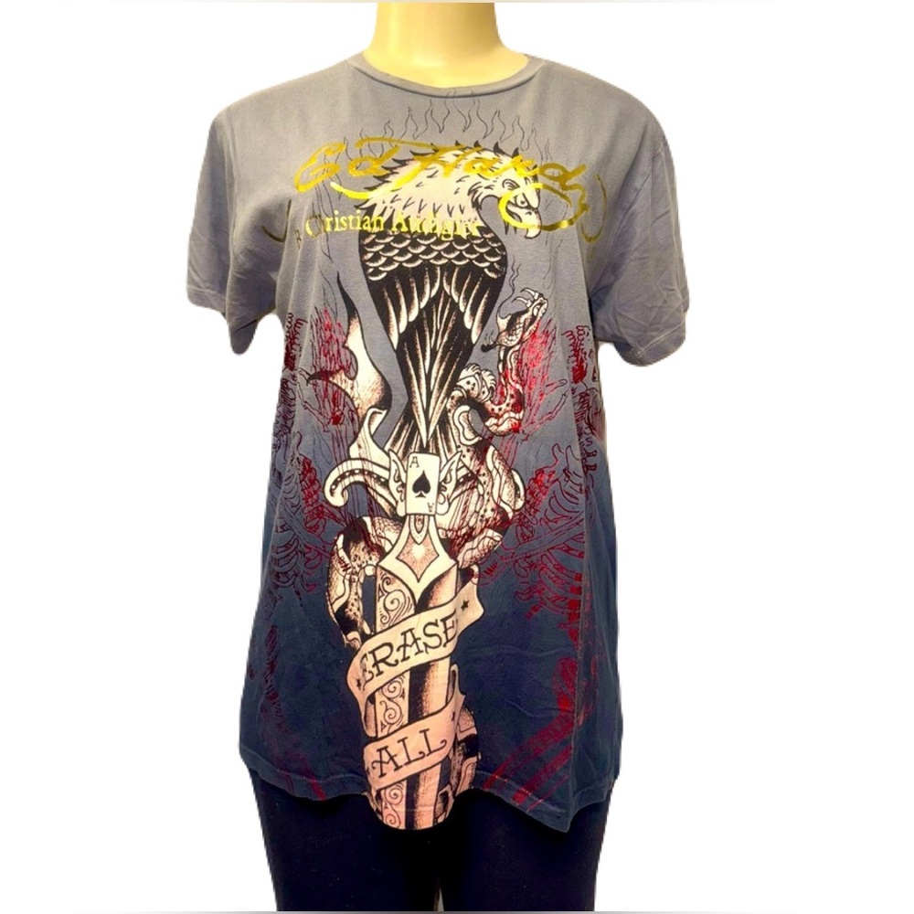 Ed Hardy Y2K Gray Red Graphic Tee by Christian Audigier
